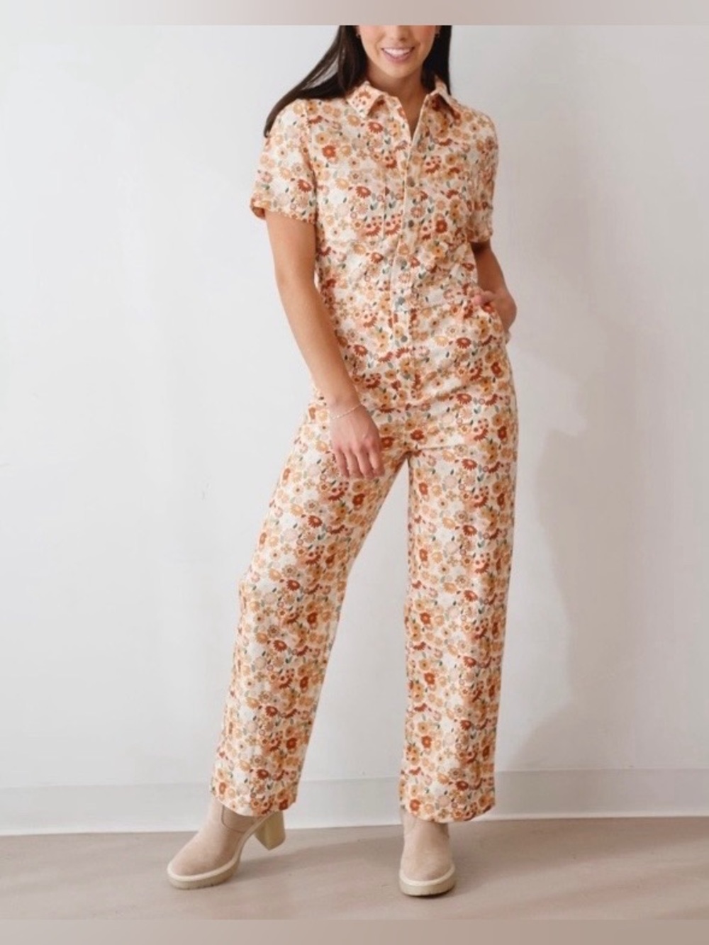 Storia Allison Floral Button-Up Jumpsuit in Cream & Burnt Orange Size Small